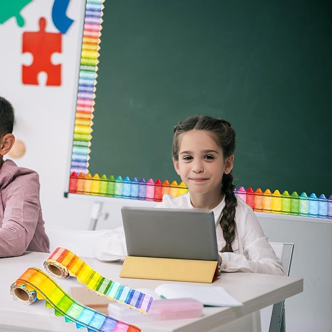 66 Ft Bulletin Board Border Rainbow Crayon Decoration Pencil Die Cut Trim Paper Cutouts for School Chalkboard Window Wall Decor Party Supplies