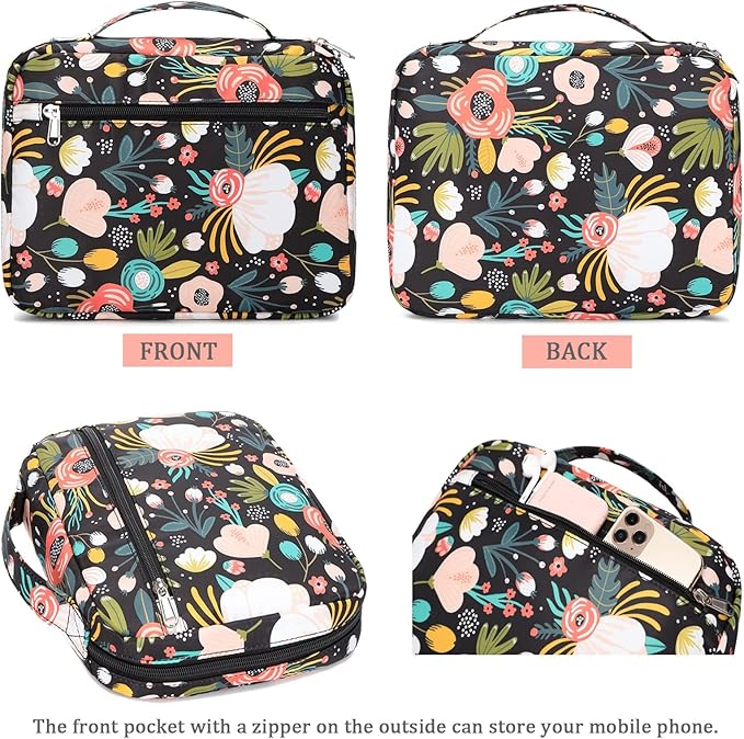 Bible Book Covers for Women & Girls - Scripture Carrying Case with Handle Pockets, Black-Flower Design