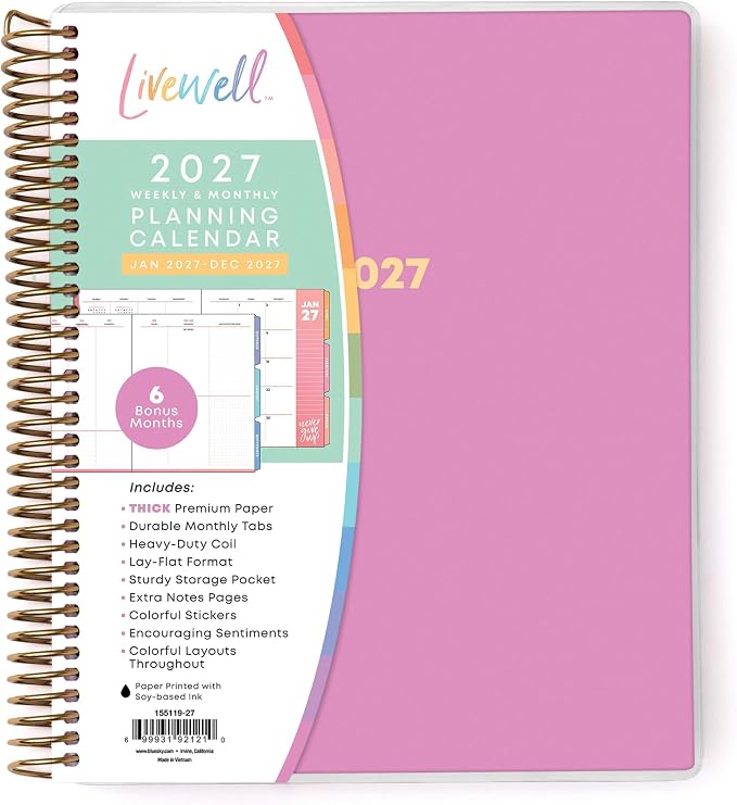 Blue Sky Livewell 2027 Weekly and Monthly Planner Calendar, January 2027 - December 2027, 7" x 9", Flexible Cover, Durable Twin Wire Binding, Colorful Pages, Storage Pocket, Includes Stickers, Magenta