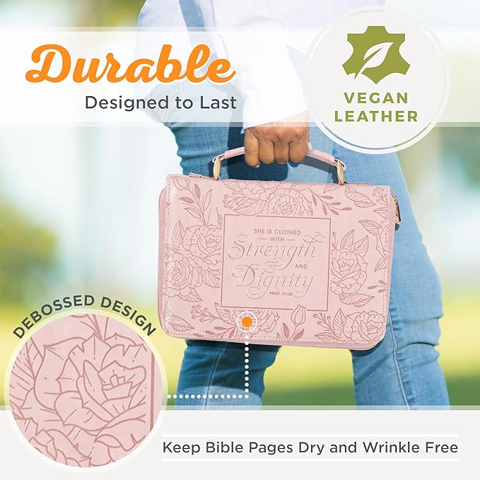 Christian Art Gifts Premium Vegan Leather Fashion Floral Bible Cover for Women: Strength & Dignity - Prov. 31:25 Inspirational Scripture Verse Carry Case w/Pockets & Pen Storage, Pink & Gold, Medium