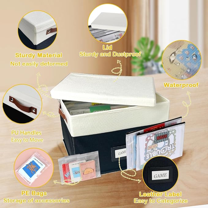 Board Game Storage, Board Game Organizer with 12pcs Zipper Bags and Writable Stickers, Board Organizers Storage with Lid for Office Supplies, Puzzles, Video Game, Craft Product
