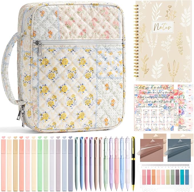 Bible Cover Case for Women Large Bible Bag, Bible Study Supplies Journaling Kit Quilted Church Bag with Handle, Puffer Book Carrying Case w/Tabs Accessories Mothers Day Christian Gifts for Women Mom