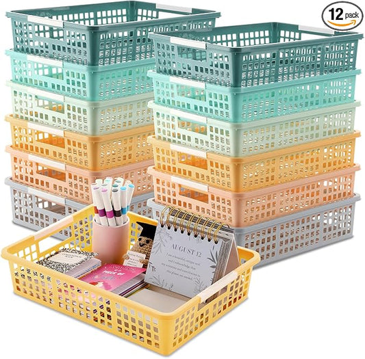12 PCS Plastic Classroom Turn in Paper Trays Storage Bin Basket Organizers Holds 4A Paper File for School Teacher Supplies Classroom Office Home Organization and Storage Tray (Morandi)