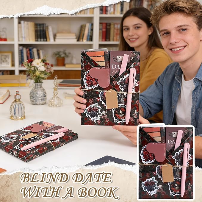 Blind Date with a Book Gift Box - Hamdwerk 6 Set Dark Romance Blind Book Date Gift Supplies Includes Kraft Paper Tags Bookmark Pens Stickers for Women Books Lover Club Librarian Bookish Reader Gifts