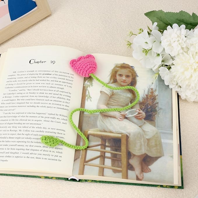 Crochet Bookmarks for Women Girls Kids Knitted Tulip Flower Book Mark for Book Lovers Coworker Bookish Birthday Graduation Gift for Her Him Unique Page Bookmark for Readers Christmas Gifts