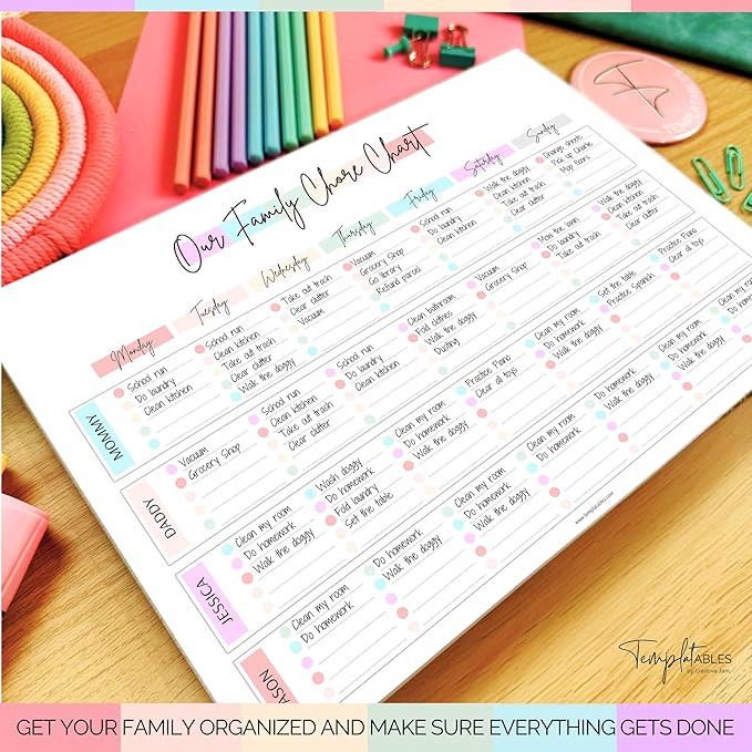 Family Chore Chart Notepad - Family planner, Calendar, Household Command Center | 50 Undated Tear Away Sheets | A4 Rainbow