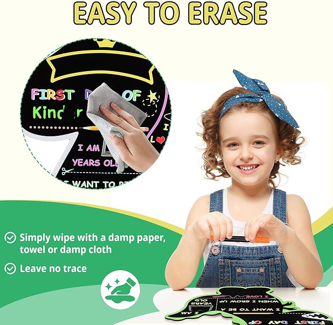First and Last Day of School Chalkboard Sign with 4 Chalk Markers -11''×11.9'' Double Sided Back to School Sign Photo Prop for Preschool Kindergarten (Black-Unicorn)