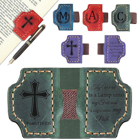 Custom Magnetic Bookmarks with Pen Holder, Personalized 26 Letters Name Initial Leather Bookmark, Leather Book Mark for Men Women Teachers, Readers Book Lovers Gifts (Green, Psalm)