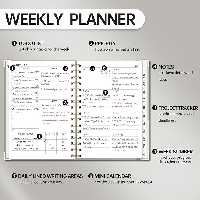 Academic Planner 2026-2027, Weekly and Monthly, A5 Size (5.7" x 8.3"), July 2026 - June 2027, Agenda 2026-2027 for Tracking, for School, Home, Office, Hardcover, 12-Month Tabs (Light Green)