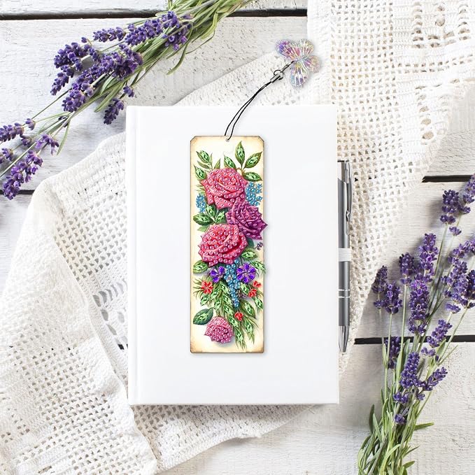 ARTopet 3Pcs DIY Diamond Art Painting Bookmarks with Colorful Butterfly Pendant PET Bookmark Ornament Double Sided Pattern Single Sided Diamond Book Marker Clip Gifts Tags-Rose