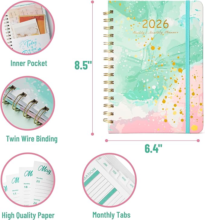 2026 Planner, Weekly and Monthly Calendar Planner for Women, Jan 2026 - Dec 2026, Hardcover Planning Agenda book, Spiral Bound, Inner Pocket, 6.3" x 8.5"