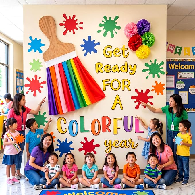 Tinlade 36 Pcs Art Painting Classroom Decoration Set Get Ready for A Colorful Year Bulletin Board Decoration Art Paint Rainbow Cutouts for Back to School First Day of School Chalkboard Wall Decor