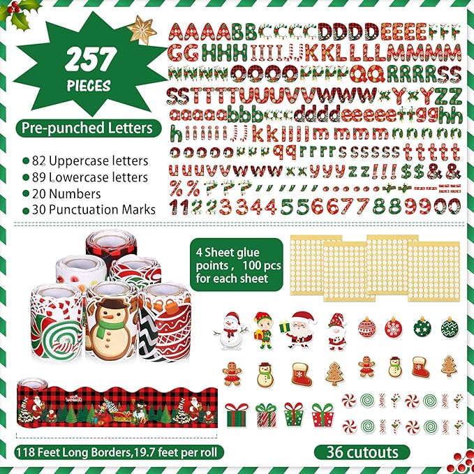 Kosiz Christmas Bulletin Board Decoration Set 118 ft Scalloped Bulletin Board Borders Classroom Poster Border Trim with 257 Pcs Letter Number Symbol Cutout for School Decor