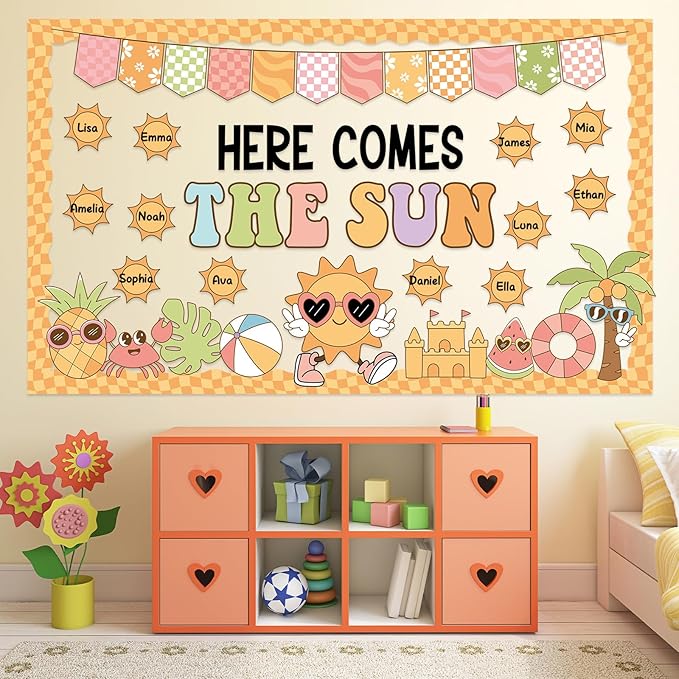 Summer Sun Bulletin Board Set Here Comes the Sun Classroom Decorations Bright Sunshine Name Tags Paper Cutouts Summer Bulletin Board Borders for Tropical Beach Back to School Wall Door Decor