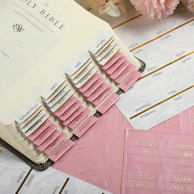 Mr. Pen- Catholic Bible Tabs for Women and Men, 160 pcs, 80 Pink Leather Bible Tabs with Gold Foil Lettering, 80 White Marble Design Paper Tabs, Easy to Read and Apply