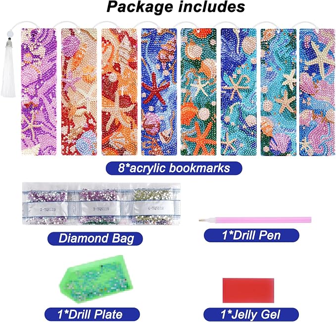cnomg Diamond Art Bookmarks Kit for Adults 8 Pack Ocean Sea Shell Diamond Painting Bookmarks with Tassels 5D DIY Gem Art Bookmark Set for Craft Lovers Reading Gifts for Book Lovers Women