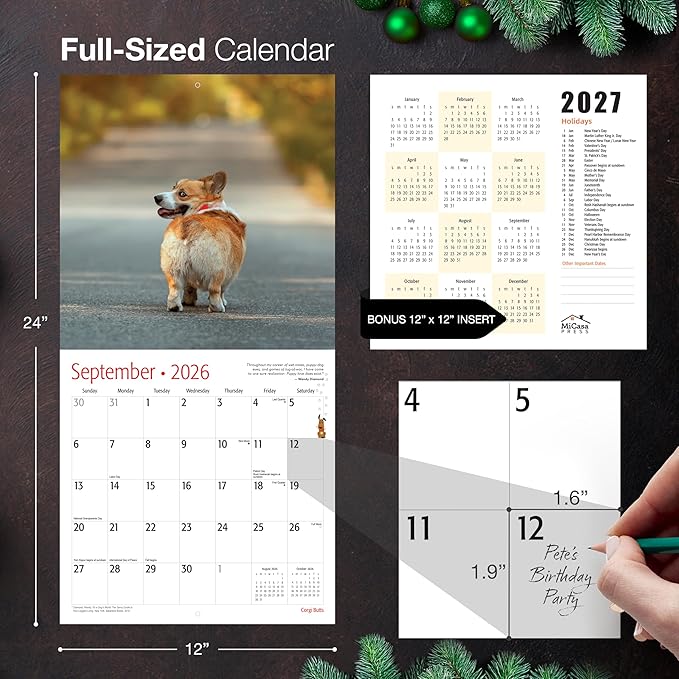 MICASA PRESS Corgi Butts 2026 Wall Calendar 12 Month | 12" x 24" Open | Thick & Sturdy Paper | Giftable | Cute Puppy Funny Dog Calendar 2026
