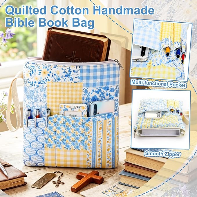 Gilprop Blue Yellow Spliced Bible Book Sleeve with Zipper 11" x 9" Padded Protector Washable Quilted Book Covers Printed Bible Pouch with Handle Pockets Protector for Books Lover Christian Gifts