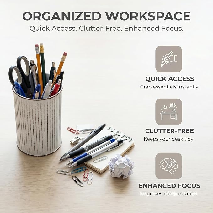 Metal Pen Holder with Vertical Groove Design, Multipurpose Desk Organizer Cup for Pens, Makeup Brushes, Utensils, Straws & Small Vase, Solid Black