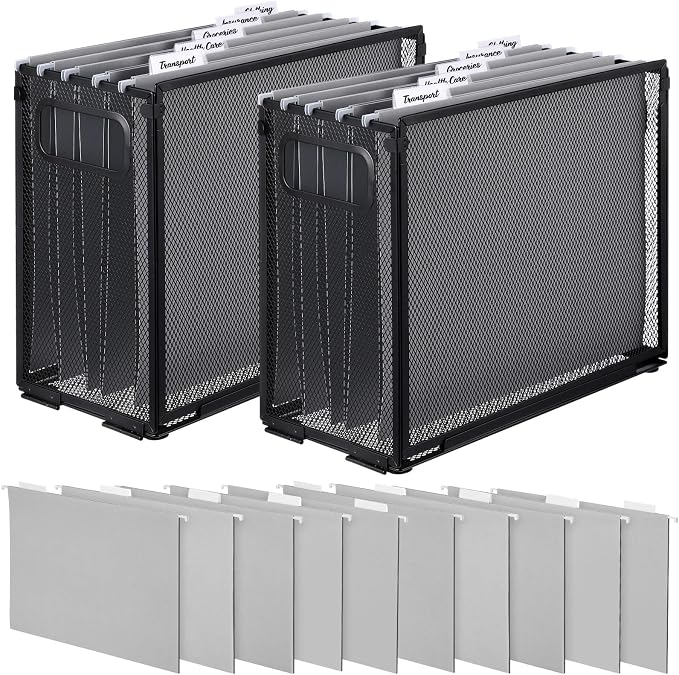 2 Pack Hanging File Holder, 10 Hanging Folders, Metal Mesh, Letter Size Folder Storage, Desktop Storage Cabinets, Office School Document(Gray,Small)