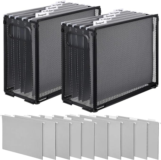 2 Pack Hanging File Holder, 10 Hanging Folders, Metal Mesh, Letter Size Folder Storage, Desktop Storage Cabinets, Office School Document(Gray,Small)