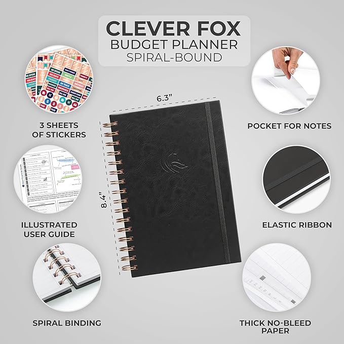 Clever Fox Budget Planner Spiral – Expense Tracker Notebook – Monthly Budgeting Organizer, Finance Logbook & Accounts Book to Control Your Money – Undated Bill Tracker, 6.3x8.4” - Black