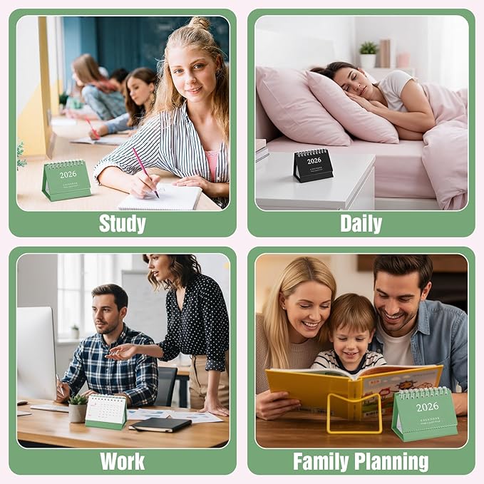 Tyqour Small Desk Calendar 2026 Mini Desk Calendar Cute Standing Flip Desktop Calendar 2026 Metal Ring Binding, Compact Size for Home Office School (Green)