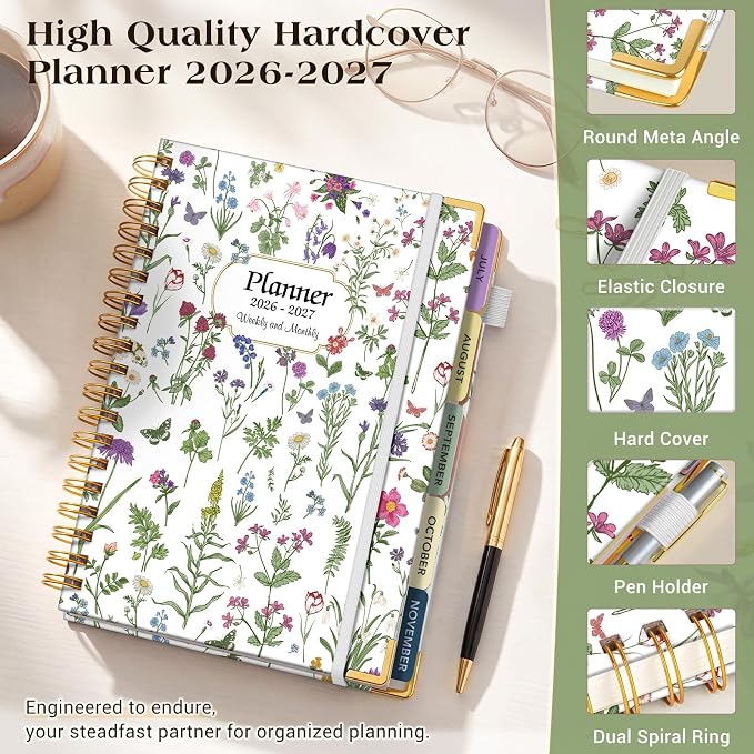 Academic Planner 2026-2027, 18 Months Weekly and Monthly Calendar Planner from July 2026 - December 2027, 7.3" x 10" B5 Large Hardcover Agenda Organizer Book with Tabs, Yearly Daily Planners for School Work Student Teacher, White Spring flower