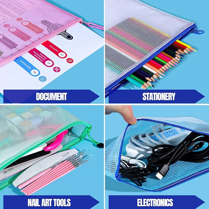 LEOBRO 20PCS Zipper Pouch, A4 Mesh Zipper Pouch Bags, Waterproof Bag, Mesh Bags for Classroom Organization, Toy Storage, School Supplies, Travel Essentials, File Jackets & File Pockets