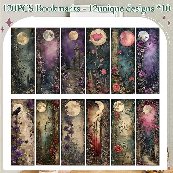 Moonlit Night Garden Bookmarks Gifts - Cosmisun 120 Pcs Fantasy Floral Bookmark Paper Vintage Flower Castle Book Marks Page Marker Clip Favors for Women Men Office Home Book Lovers Reading Supplies