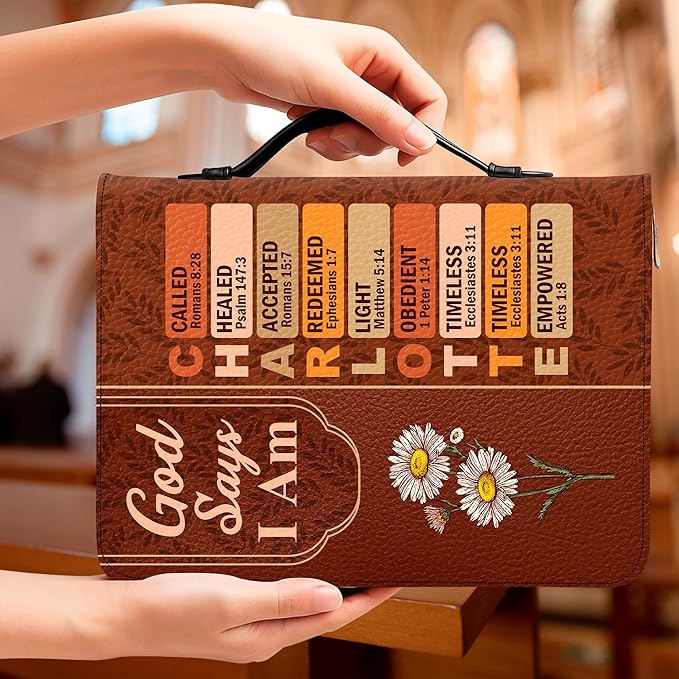 Personalized Man of God Bible Cover, God Says I Am Bible Case PU Leather, Bible Holder Handle Zipper, Faith Scripture with Name Case Bag, Religious Gifts for Church Christians Women Men (GOD-06)
