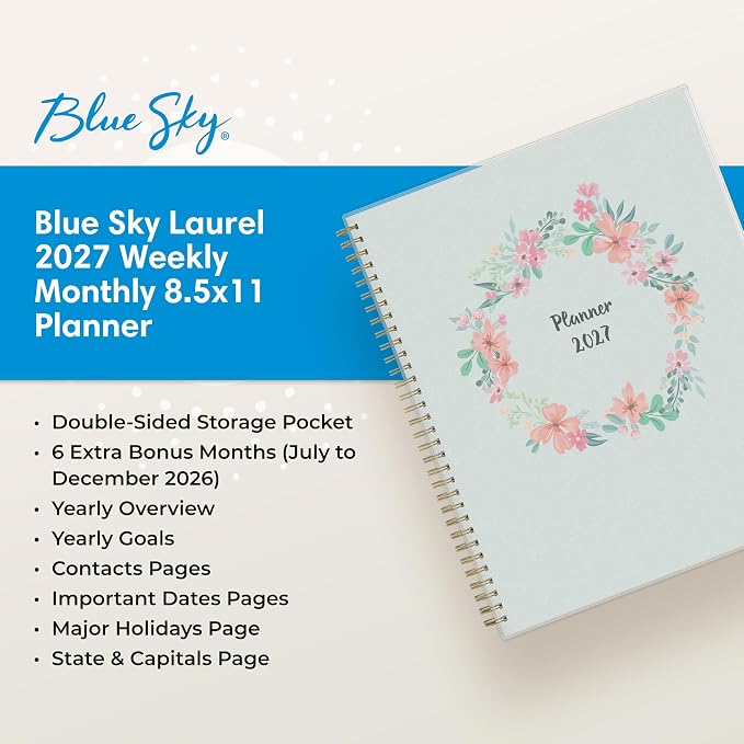Blue Sky 2027 Weekly and Monthly Planner Calendar, January 2027 - December 2027, 8.5" x 11", Flexible Cover, Laminated Tabs, Durable Twin Wire Binding, Storage Pocket, Laurel