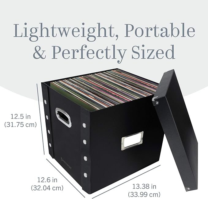 Vinyl Record Storage Box - 12" - 1 Pack- Crate Holds up to 75 Vinyl Albums - Black