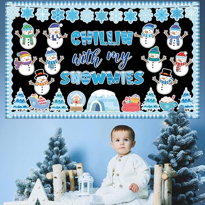 Winter Bulletin Board Decoration Set Christmas Snowman Classroom Decorations Chillin with My Snowmies Bulletin Board Winter Tree Snowflake Cutouts for Holiday Party School Home Chalkboard Wall Decor