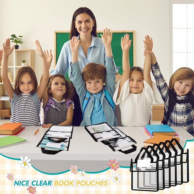 Teling 24 Pack Thick Clear Book Pouches with Blank Name Tags and Handles Book Baggies Bags Bins Organizer for School Classroom Library Pockets Students (10 x 12 Inch,Black)