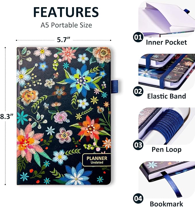 Comkiso Undated Weekly and Monthly Planner with Adhesive Tabs, A5 Dateless Academic Planner for Women & Men Daily Planning, Hardcover Leather All In One Planner for Home School Work Organizer (Bloom)