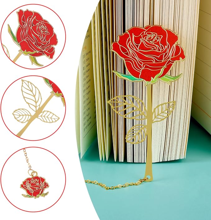 Bewudy Red Rose Bookmark with Flower Pendant, Metal Book Page Holder for Reading Lovers, Unique Gifts BookMarkers for Women, Her, Mom, Librarian, Teacher Book Lovers
