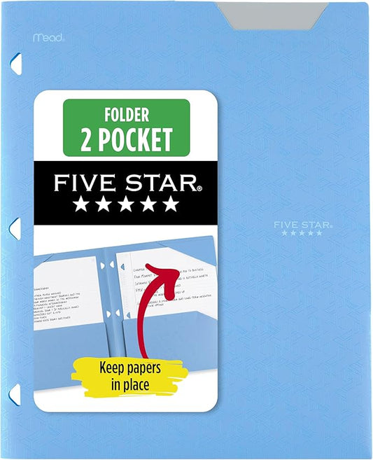 Five Star 2-Pocket Folder, Plastic Folder with Stay-Put Tabs, Fits 3-Ring Binder, Holds 8-1/2" x 11" Paper, Pacific Blue (333420C-ECM)