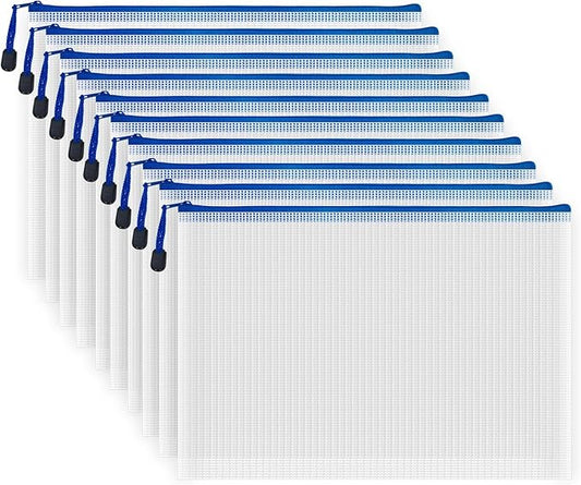 10 Pcs Zipper File Bags, Waterproof Plastic Mesh Pouch for Office School, Board Game Storage Bags (A4 Size 13.4''x9.4'', White and Blue)