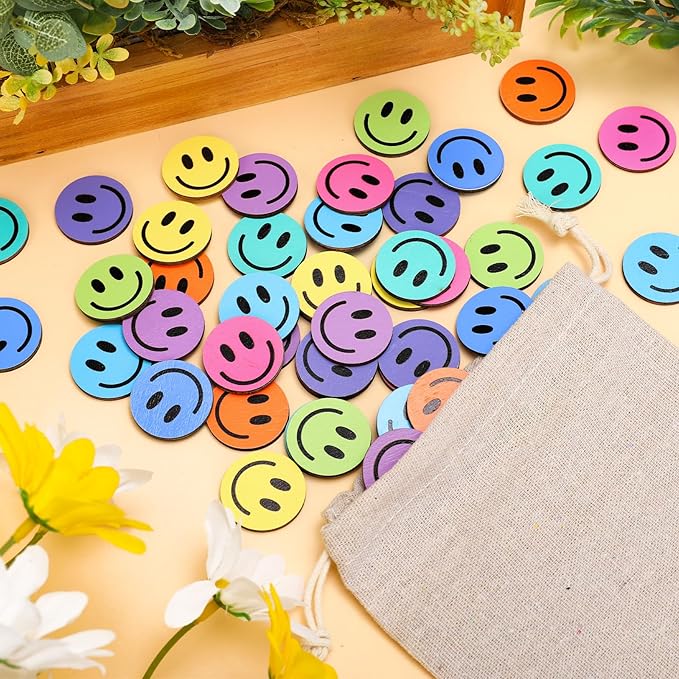 JarThenaAMCS 45 Pcs Smile Extra Tokens for Reward Jar Colorful Happy Face Wooden Cutouts with Linen Pocket 9 Colors Wooden Tokens for Back to School Student Teacher Home Classroom