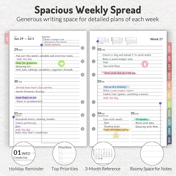 Forvencer 2026 Weekly & Monthly Planner Refills for A5 6-Ring Binders, July 2026 - Jun 2027, 6-Hole Punched Planner Inserts with Colorful Monthly Tabs, Small Calendar Organizers, 5-3/4" x 8-1/4"
