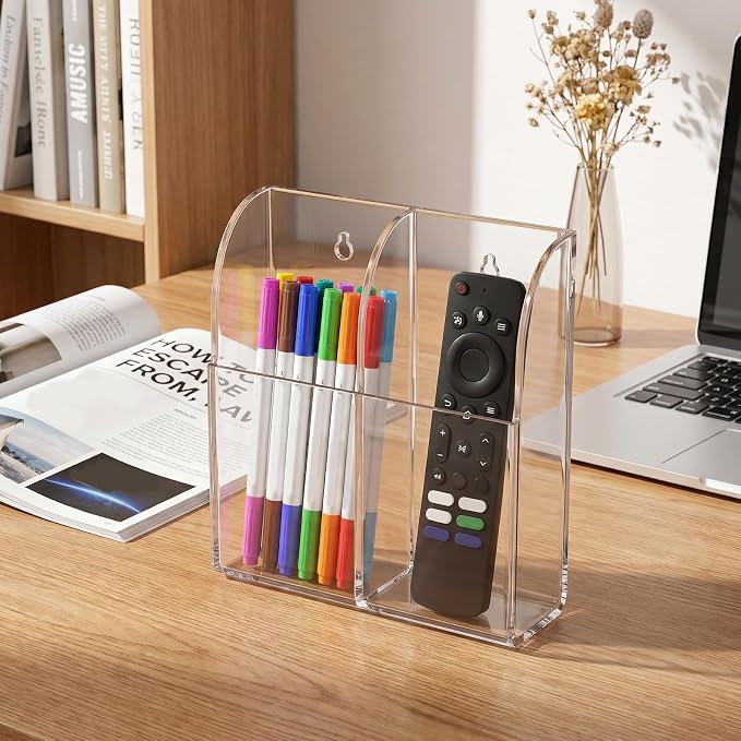 2-Compartment Remote Control Holders Wall Mount, Transparent Wall Pen Holder Wall Mount Storage Box Organizer Remote Holder for Home Office, Includes Adhesive & Screws