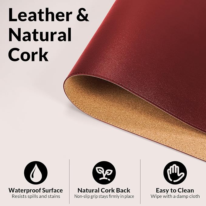 AFIING Cork Desk Mat, 35.4" x 17", Red,Desk pad Protector | Dual-Sided Cork & PU Leather, Large Mouse Pad, Non-Slip & Waterproof