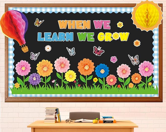 Spring Bulletin Board Decorations Flowers Themed Bulletin Board Set When We Learn We Grow Bulletin Board with 3D Paper Flower Cutouts for Back to School Classroom Wall Decor
