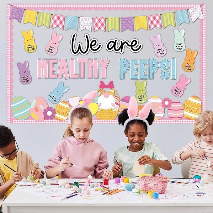 Easter Bulletin Board Decorations Set Health Habits Classroom Decoration Easter Egg Bunny Flower Cutouts Health Theme Bulletin Board for Spring Holiday Party School Home Nursery Chalkboard Wall Decor