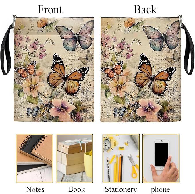Vintage Floral Butterfly Book Cover, Waterproof Book Sleeve with Zippered Front Pocket Retro Flowers Book Pouch for Book Lovers, Christmas, Birthday, Graduation Gifts (Beige-Butterfly, Large)