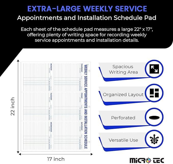 Weekly Service Appointment Schedule Pad 22 x 17 Desk Planner - Installation Scheduling Notepad, Technician Work Schedule Desk Pad, Perforated Office Appointment Log - 3 Pad (52 Sheets Per Pad)