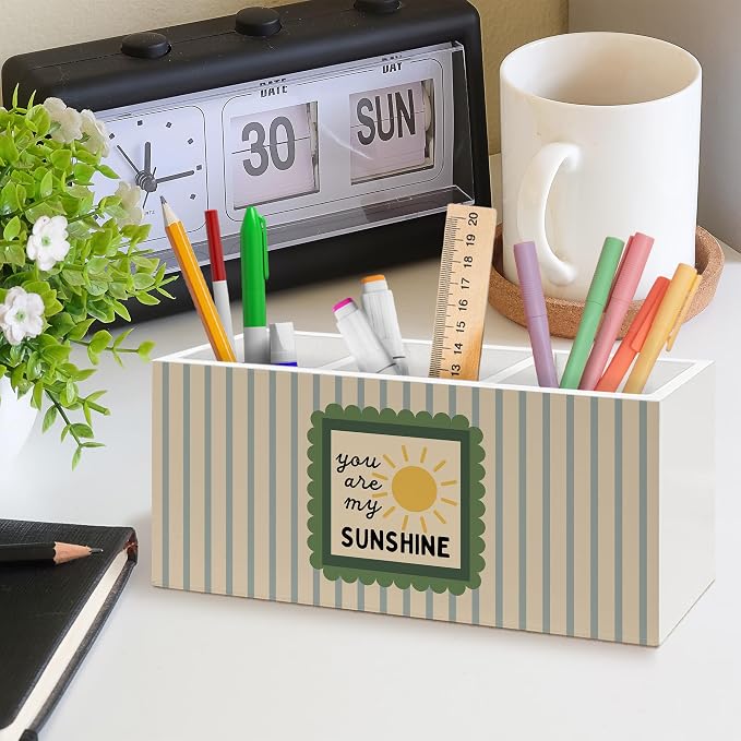 Boho Classroom Pen Holder, You Are My Sunshine Office Pen Pencil Holder Organizer for Desk Accessories, Retro Striped Wooden Box Desk Decor for Kids Nursery Room Office Desk Decorations
