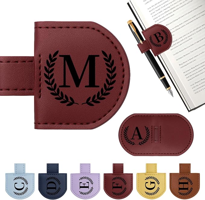 Personalized Magnetic Bookmark Pen Holder, Leather Book Marks for Reading Women& Men, Engraving 26 Letters Name Initial Bookmarks with Pencil Pen Holder, Gift for Book Lovers, Readers (Wine Red, M)