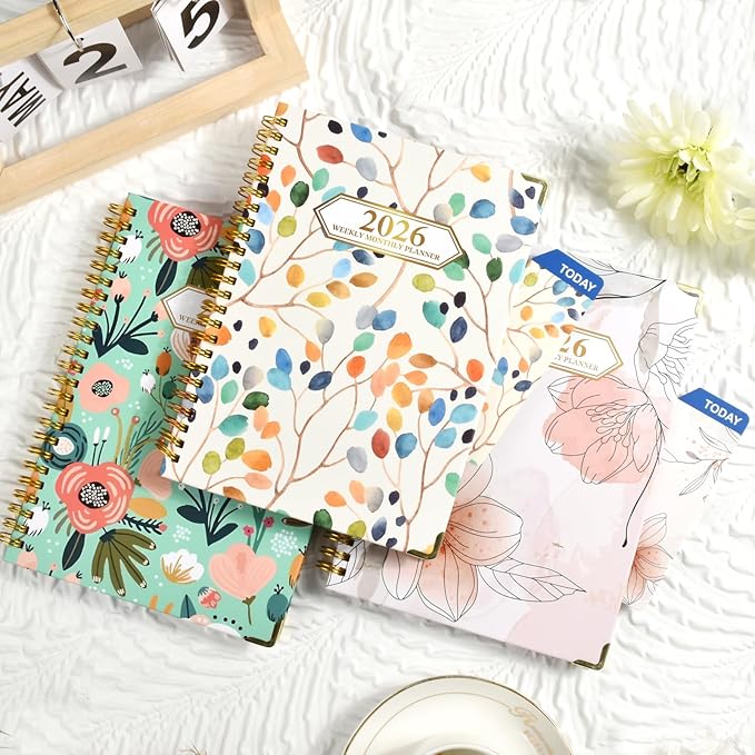 2026 Planner, Jan.2026 - Dec.2026 Planner Weekly and Monthly 6.25"x8.5" with with Page Tabs, Calendar Hardcover with Inner Pocket, Elastic Band, Twin-Wire Binding, Bookmark, Flower